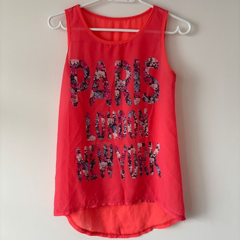 2/$10 Trendy Sheer Red Tank Top sleeveless - Paris London New York Print summer